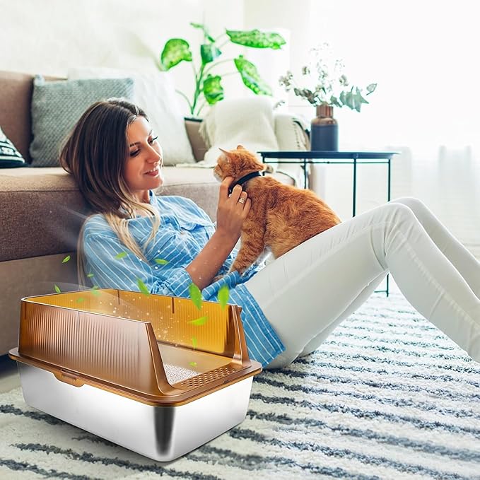 Stainless Steel Cat Litter Box, 23.6" x 15.7” x 11.8” Extra Large Semi Enclosed Litter Box for Big Cats High Sided Metal & Scoop Absorbs Odors, Anti-Urine Leakage, Non-Sticky & Easy Cleaning