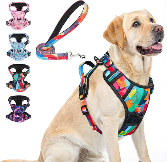 BEAUTYZOO No Pull Dog Harness Large, Adjustable Dog Harness and Leash Set -Easy Wearing with 3 Buckles/Control Handle,No Choke Soft Padded Reflective Pet Vest for Training Walking Hiking, L