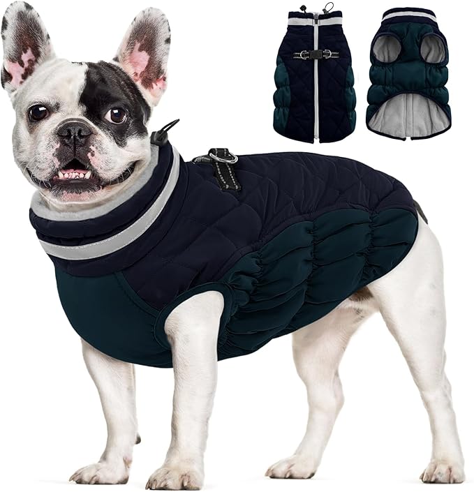 AOFITEE Dog Coat, Warm Dog Jackets for Small Dogs, Dogs Winter Coat with Harness Built in, Reflective Pet Winter Jacket, Waterproof Windproof Puppy Puffer Jacket Fleece Vest, Navy XS