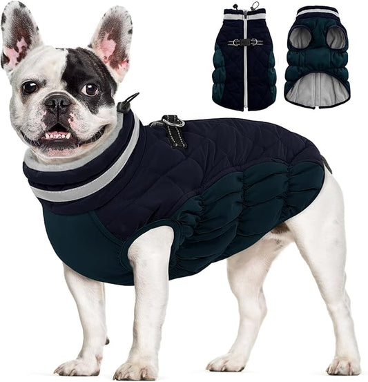 AOFITEE Dog Coat, Warm Dog Jackets for Small Dogs, Dogs Winter Coat with Harness Built in, Reflective Pet Winter Jacket, Waterproof Windproof Puppy Puffer Jacket Fleece Vest, Navy XS