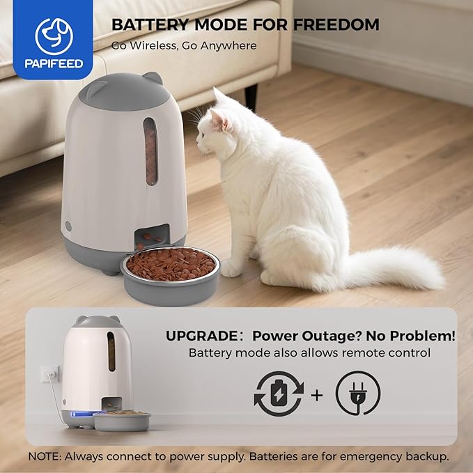 PAPIFEED Automatic Cat Feeder, 2.4G WiFi Auto Cat Food Dispenser with App Control, 3L Auto Pet Feeder with Dual Power Supply, Detachable for Easy Clean for Cats and Small Dogs, Grey