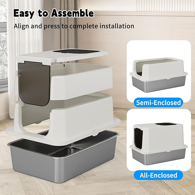 RIZZARI Stainless Steel Cat Box: Beige Leak-Proof Large Enclosed Litter Pan Indoor Odorless Tray for Multiple Cats - Teflon Non-Stick Coating - for Cats Under 20 lbs - Ideal for Laundry Room Balcony