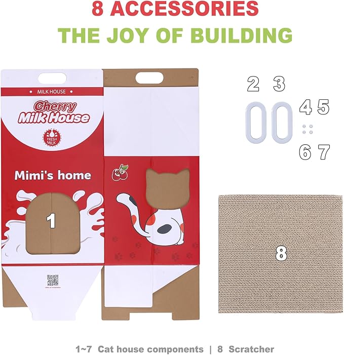 Cardboard Cat House with Scratcher – Red Cherry Milk Carton Design, 22.5''H x 13''L x 13''W, Indoor Cat Playhouse & Hideout for Cats up to 16 lbs, Portable Handle, Corrugated Scratch Pad