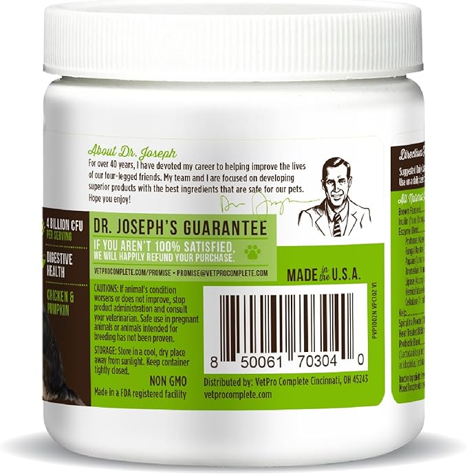 Dr. Joseph's VetPro Complete Advanced Pre & Probiotics Powder for Dogs, 90 Scoops, Supports Gut Health, Diarrhea, Digestive Health & Seasonal Allergies, Chicken/Pumpkin Flavor, Add to Food