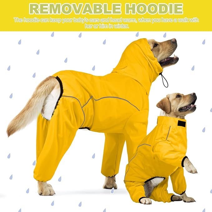 Dog Raincoat, Waterproof Dog Rain Jacket with Removable Hood，Adjustable 4 Legs Pet Poncho with Leash Hole，Reflective Stripe Hooded Snowproof Windproof Clothes for Small to 3X-Large Dogs, XL