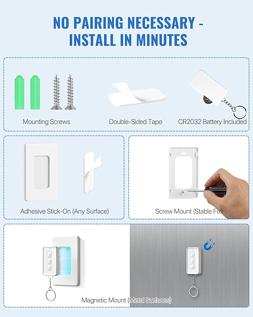 Mini Remote Control Outlet, WILAWELS Wireless Light Switch with Magnetic Base, On Off Remote Outlet Switch for Lights, Lamps, 100ft RF Range, 10A/1250W, Expandable, 1 Remote for 3 Plugs W14RC1306