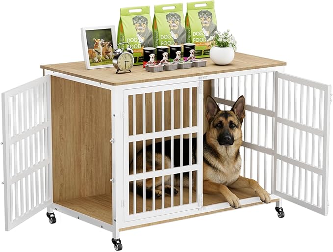 46" Dog Crate Furniture with Wheels, XXL Heavy Duty Dog Kennel Indoor for XL Dogs, Metal Chew-Proof Dog Cage, 45.9" L x 27.6" W x 32.4" H, Decorate House as TV Stand, End Table — Natural and White