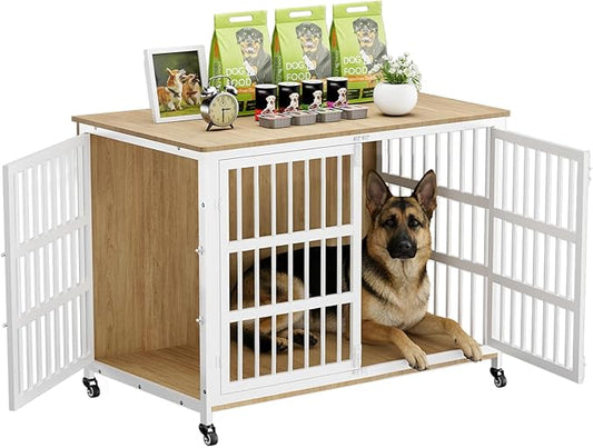 46" Dog Crate Furniture with Wheels, XXL Heavy Duty Dog Kennel Indoor for XL Dogs, Metal Chew-Proof Dog Cage, 45.9" L x 27.6" W x 32.4" H, Decorate House as TV Stand, End Table — Natural and White