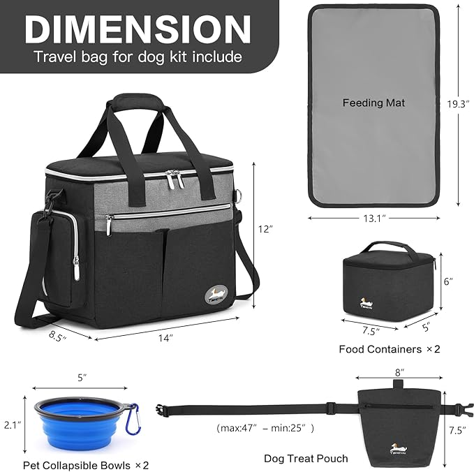 Dog Travel Bag for Pet Kit for Supplies with 2 Food Storage Containers 2 Collapsible Bowls 1 Feeding Mat 1 Dog Treat Pouch 7-Piece Set Perfect Road Trips Camping Weekend or Doggy Gift, Black