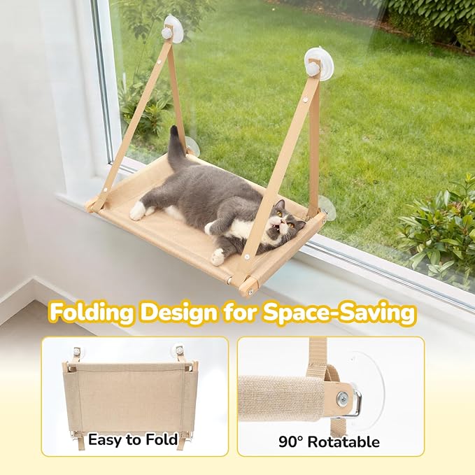 CATISM Cat Window Perch - Cat Hammock for Window, Soft Seat Machine Washable, Solid Wood Frame, 4 Suction Cups, Hammock Bed for Cats Inside