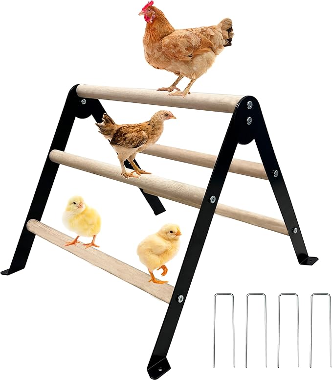 Baby Chick Perch Toys for Coop, Metal Stand with Natural Wooden Roosting Bars,Angle-Adjustable Chicken Coop Toys, Birds Training Platform for Cockatiels, Lovebirds and Parrot,15.7"L x 17.7"W x 13.2"H