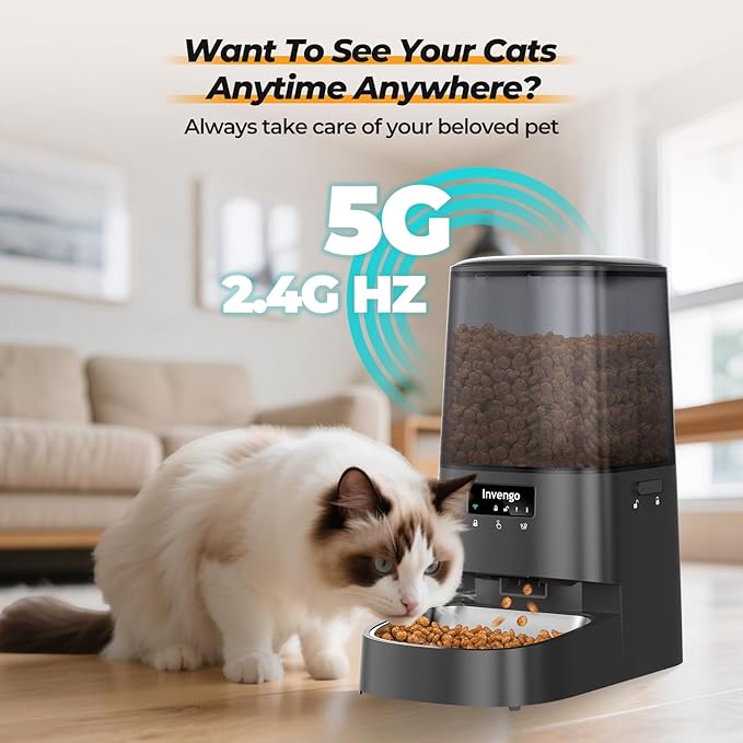 Cat Feeder Automatic - Cat Food Dispenser MeowServe S20, Auto Dog Feeder with Stainless Steel Bowl, 5L Pet Feeder with Patented Anti-Jam Port, App, Dual Lock Lid, Dual-Band WiFi & Power Supply