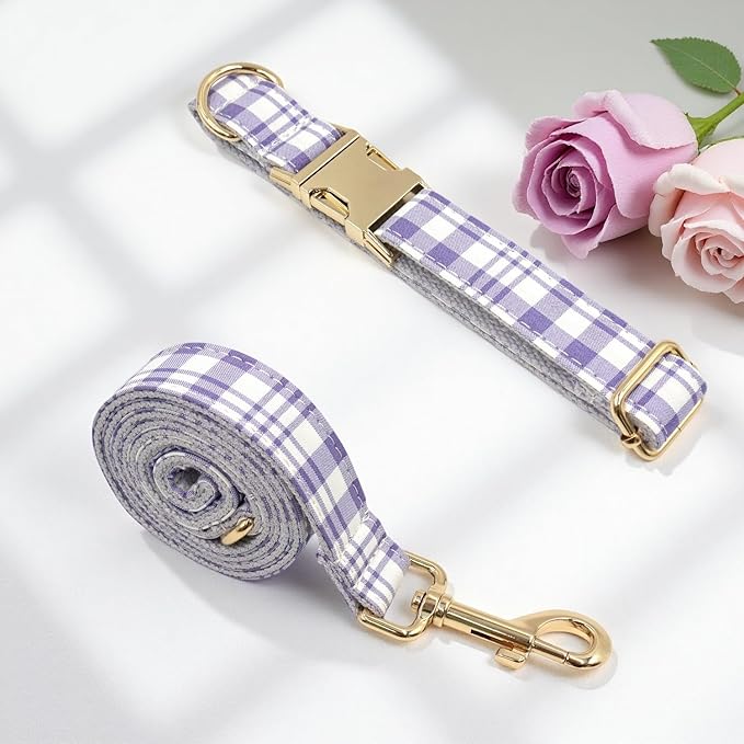 PETDURO Personalized Dog Collar Lavender Plaid for Large Medium Dogs | Engraved Name and Phone Number on Gold Metal Buckle for Girls | Add Leash & Bow Tie via Customize Now