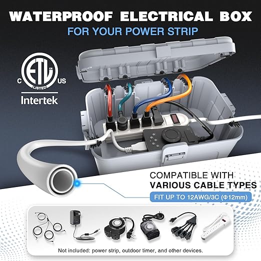 Flemoon Outdoor Electrical Box Waterproof, IP54 Waterproof Extension Cord Cover, Protect Outlet, Plug, Socket, Timer, Power Strip, Holiday Light, Large Weatherproof Connection Box, Light Grey