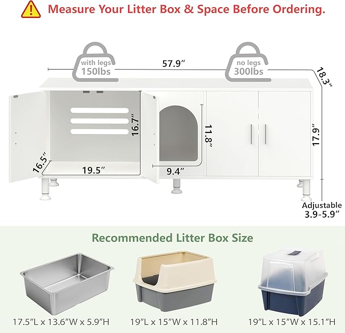 Double Litter Box Enclosure with Cat Scratch Mat & Motion Sensor Light, Wooden Litter Box TV Stand for 2 Litter Boxes & 2 Cats (White)