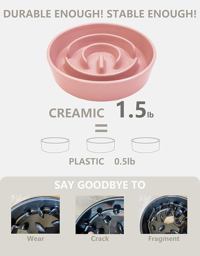 Ceramic Slow Feeder Dog Bowls Elevated, 0.6 Cup Slow Feeder for Small Dogs and Cats, Puzzle Maze Bowl, Prevents Choking, 6in, Pink