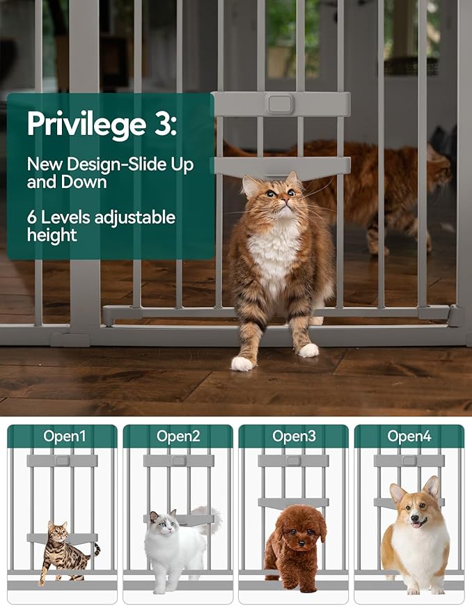 BABELIO 36 Inch Extra Tall Baby Gate with Cat Door, 29-40" Metal Pet Door for Stairs, Doorways, House, Auto Close, Easy Walk Thru, Gray