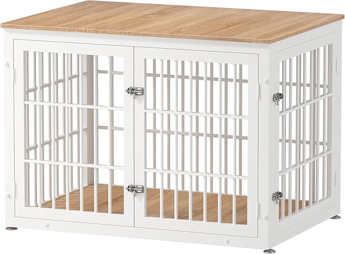 42 Inch Heavy Duty Dog Crate Furniture for Large and Medium Dogs, Decorative Pet House End Table, Wooden Cage Kennel Furniture Indoor, Natural and White