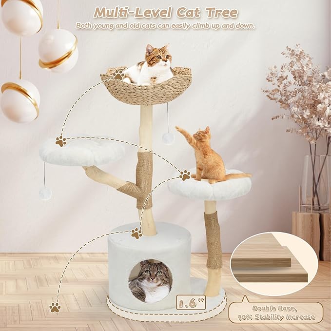 Solid Wood Cat Tree Tower, Modern Multi-Level w/ 2 Flower Perches, Scratching Post, Hanging Ball - Luxury Boho Cat Furniture w/Condo & Wicker Basket for Indoor Cats
