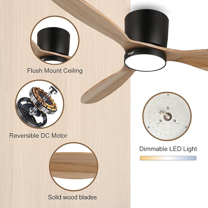 reiga 52" Natural Wood Ceiling Fan with Light and Remote, 3 Blade Flush Mount Low Profile Ceiling Fan for Bedrooom Living Room, Quiet DC Motor