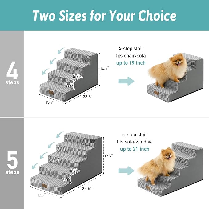 Dog Stairs for Small Dogs 17.7" H, 5-Step Gentle Incline Pet Step for Couch and Beds, Non-Slip Right-Angle Dog Ramp for Puppy Doggie Senior Cats, 17.7x29.5x17.7 Inch, Grey