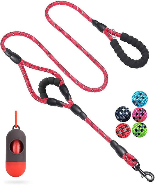 JSXD 5 FT Heavy Duty Double Handle Dog Leash with Comfortable Padded and Reflective Rope, for Small to Large Dogs (Rope-Red)