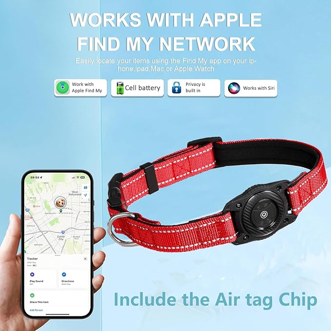 Tracking Collar for Dogs Waterproof Adjustable Air Tag Dog Collar Holder, Comfortable Dog Collars for Small Medium Large Dogs (Red, L)