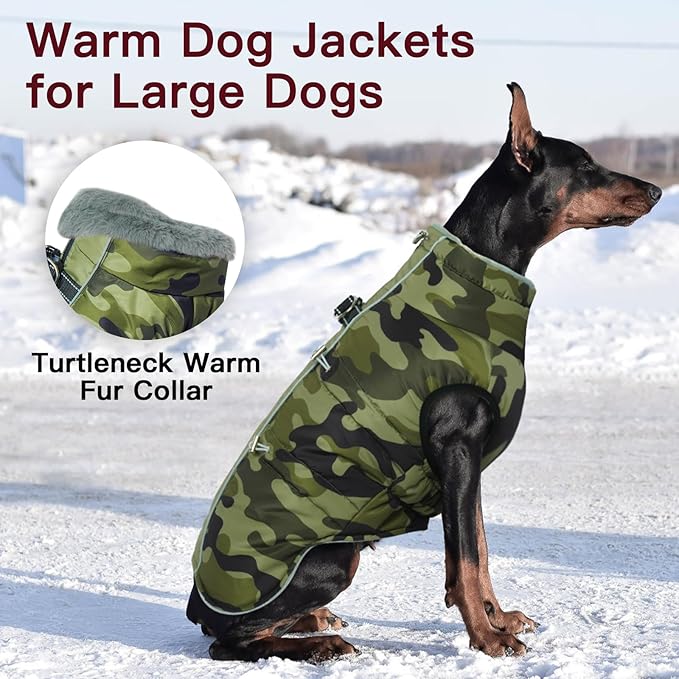 Dog Winter Jacket - XX Large, Warm Zip Up Snowsuit Dog Harness Vest, Reflective, Water-Resistant, Camouflage