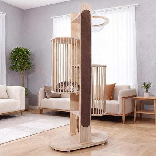 Natural Solid Wooden Cat Tower, 67''Modern Multi-Level Cat Tree Tower, Cat Tower for Indoor with Sisal Scratching Post Luxury Large Cat Furniture，Brown