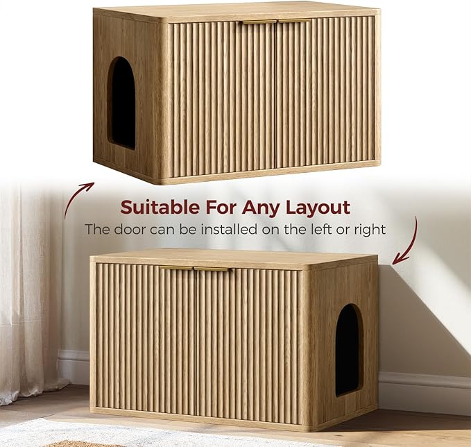 Evermagin 31.5" Oak Cat Litter Box Enclosure Furniture, Large Hidden Litter Box Cabinet, Entry Can Install Left/Right, Mid Century Modern Fluted Kitty End Table for Living Room, Entryway, Bedroom