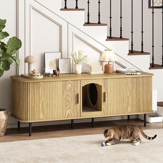 Double Cat Litter Box Enclosure Furniture, 59" Large Hidden Litter Box Furniture with Scratching Pad, Wood Pet House for 2 Cats, Indoor Modern Cabinet TV Stand for Living Room, Natural