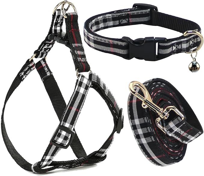 Cute Plaid Dog Collar Harness and Leash with Safety Buckle - Adjustable and No Pull Comfortable Dog Collars for Small Puppy, Stylish Durable Gift for Boy Girl Pets