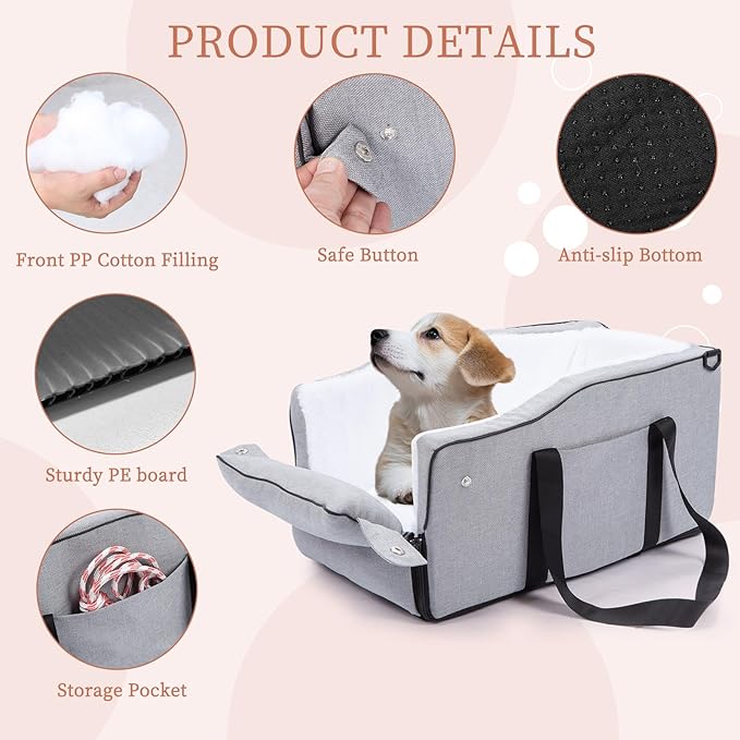 Center Console Dog Car Seat for Small Dogs Up to 12lbs,Portable Middle Console Dog Booster Car Seat with Adjustable Straps, Storage Pocket & Safety Leash