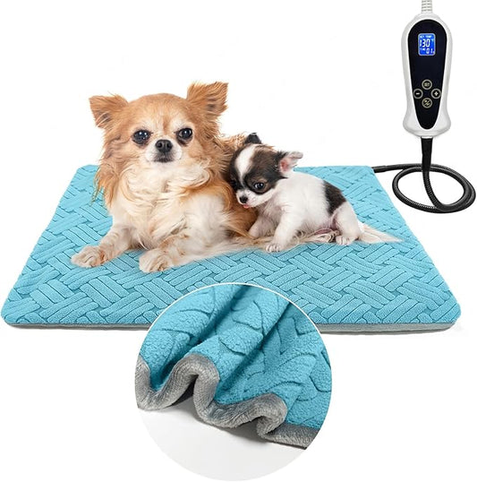 Cat Heating Pad, 18x18 in Pet Heating Pad for Dogs and Cats, Heated Cat Bed with Chew Resistant Cord, Temperature and Timer Adjustable Controller, Soft Plush Cloth Cover