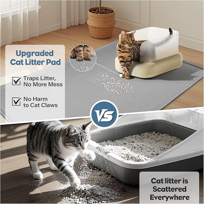 Lorvain Cat Litter Mats, 45" x 30" Extra Large Silicone Cat Mat for Litter Box, Easy to Clean Kitty Litter Trapping Mat, Soft on Kitty Paws, Waterproof, Urine-Proof Kitty Litter Mats for Floor, Grey