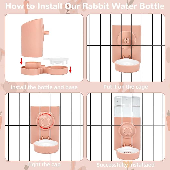 Rypet Hanging Rabbit Water Bottle Cage, 21oz Guinea Pig Water Bottle Dispenser, Automatic Small Pet Cage Water Feeder for Bunny Chinchilla Hamster Hedgehog Ferret Rat Gerbil Small Animal (Pink)