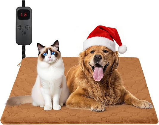 Cat Heating Pad, 6 Adjustable Temperature & 5 Timer Options, 17.7'' x 17.7'' Pet Heating Pad for Cats Dogs, Waterproof Indoor Outdoor Electric Heated Cat Bed Dog Mat with Chew-Resistant Cord (Brown)