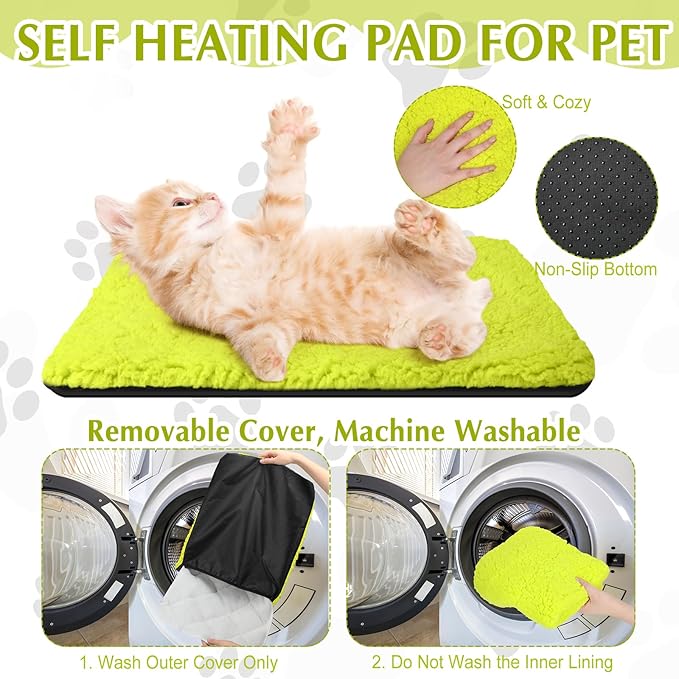 4 Pack Self Warming Cat Pads Self Heating Cat Mat Washable Homeless Dogs Thermal Pads Kennel Pad Reflects Body Heat Warm Crate Bed Mat for Indoor Outdoor Pet(Fluorescent Green,16 x 20 Inch)