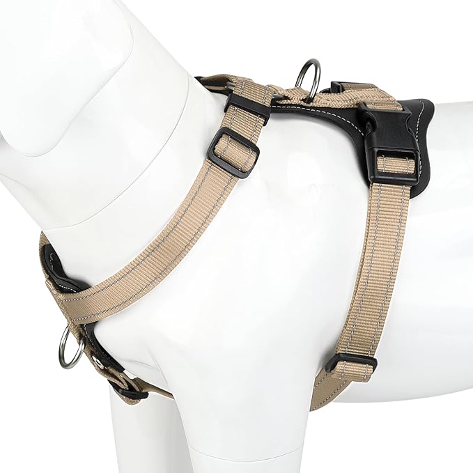 Plutus Pet Adjustable No Pull Dog Harness with Leather Accents, Heavy Duty Reflective Nylon Vest for Training, Hiking, Easy Walk Harness for Small, Medium, Large Dogs (Beige, S)
