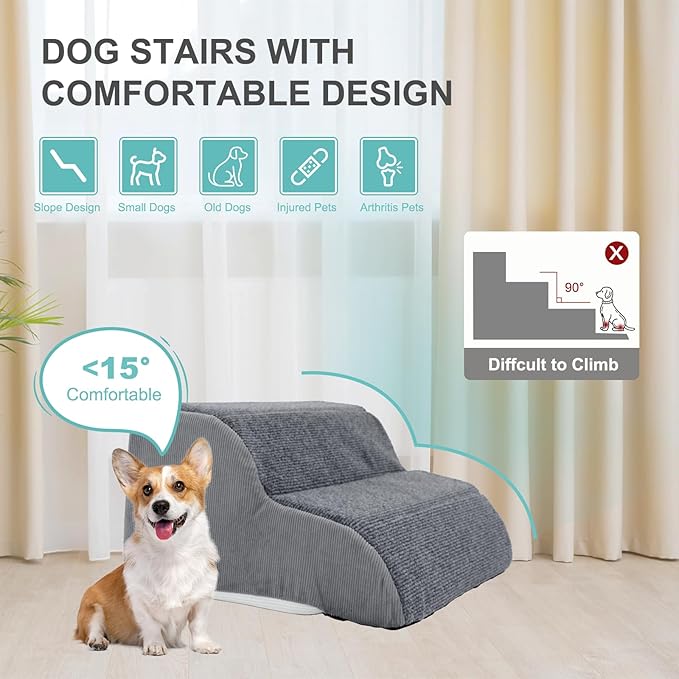 Docred 2-Step Dog Stairs for Small Dogs and Cats - Doggy Ramp, Non-Slip Sturdy Pet Steps for Beds, Couch, Sofa, Washable Dog Ramp with Removable Cover