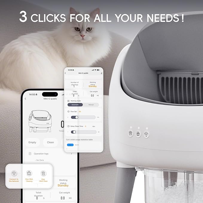 Open-Top Self Cleaning Litter Box, Automatic Litter Box with Dual Safety Sensors, Anti-Pinch Protection, Large Capacity, APP Control, White-Grey