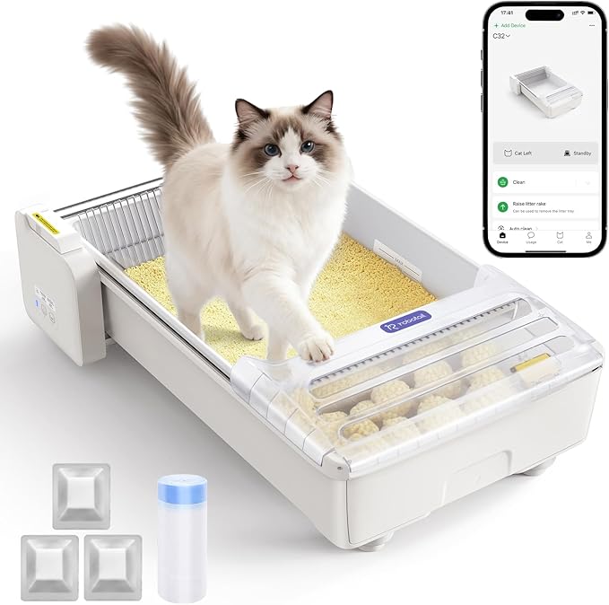 Self Cleaning Cat Litter Box - Fully Open Automatic Litter Box with Roomy Space+Vis Waste Bin, APP for Mutil Cats, Weight Sensors Anti Pinch Safety, Works with Cassava Litter