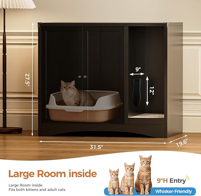 AUN Cat Litter Box Enclosure Hidden Cabinet, Easy Clean Steel Frame Pet House Furniture, Cat Washroom with Curved Entry, Dog-Proof, Black, 31.5x19.6x27.5 Inches, Indoor Use