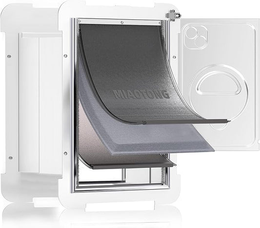 MIAOTONG 3-Flap Cat Door for Wall, Double Magnetic Flaps Dog Door for Wall, Aluminum Lock Doggy Door,Steel Frame and Telescoping Tunnel Dog Doors and Cat Door(Pets Up to 12 Lb) -Small