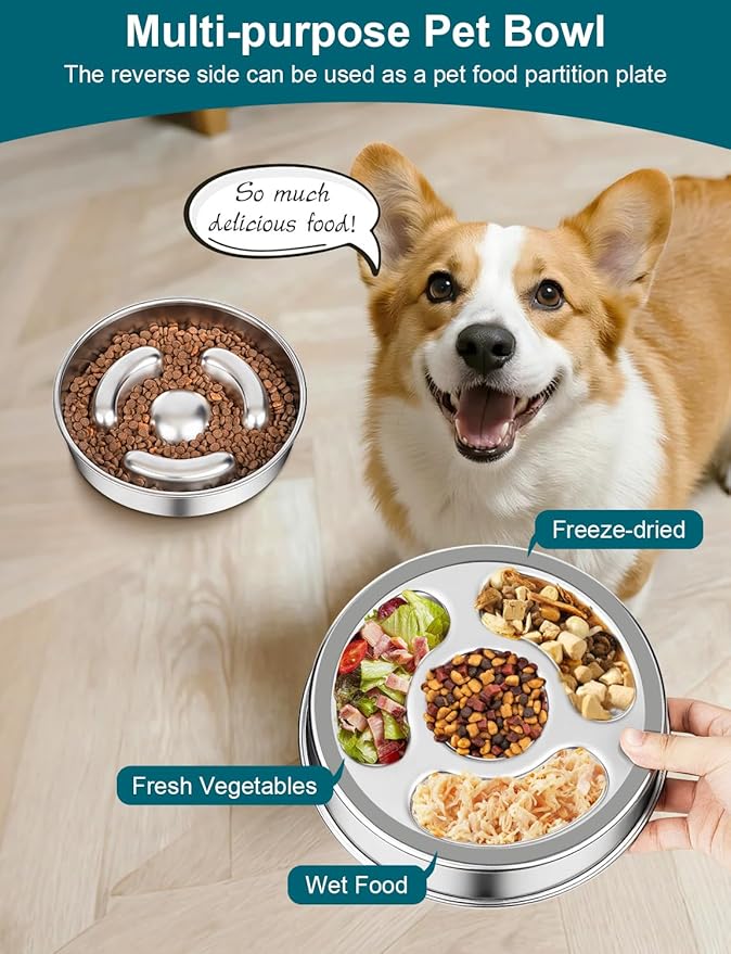 Slow Feeder Dog Bowl Stainless Steel，8-inch Diameter Dog Slow Feeder Bowl，Heavy Duty with Non-Slip Rubber Base，4Cups Capacity for Medium & Large Dogs to Slow Down Eating