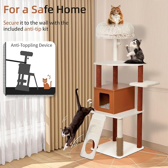 63 Inch Modern Cat Tree for Large Cats - Multi-Level Activity Center with Sisal Scratching Posts, Plush Perch, Enclosed Condo & Hanging Toy, Sturdy Wood Design for Indoor Use