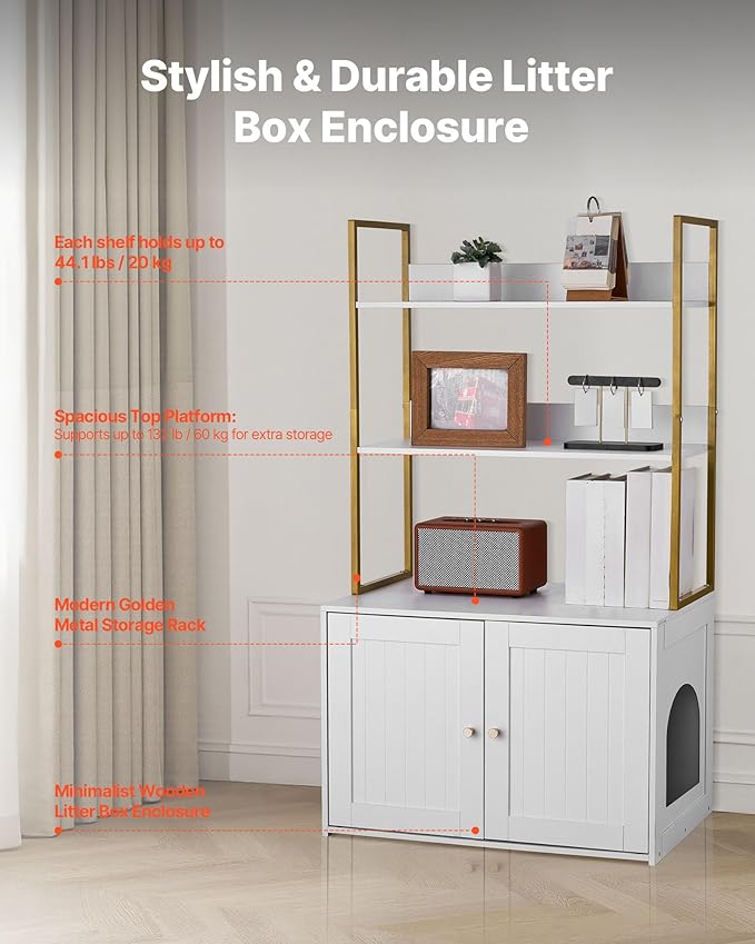 VEVOR Cat Litter Box Enclosure Furniture, 27.6 in Hidden Litter Box Cabinet with Metal Legs & 2-Tier Storage Shelves, Waterproof Washroom Cat House, Fit Most of Litterbox, for Living Room