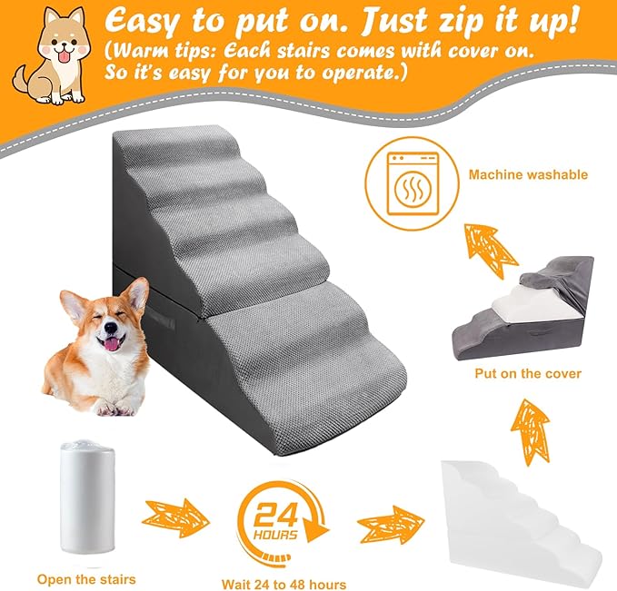 Dog Stairs&Steps for High Bed 30 Inches Tall Up to 30-36 Inch, Pet Dog Ramp Ladder for Small Dogs, Doggie, Old Cats, Kitty, Chihuahua Grey, No Assembled Required
