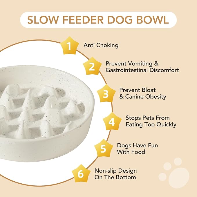 Ceramic 3.2 Cup Raised Slow Feeder Dog Bowl Set, Elevated 8.2inch Bowl and 9.5inch Slow Feeder Dish with Acacia Wood Stand for Large Dog (2 x Vanilla White+ Stand)