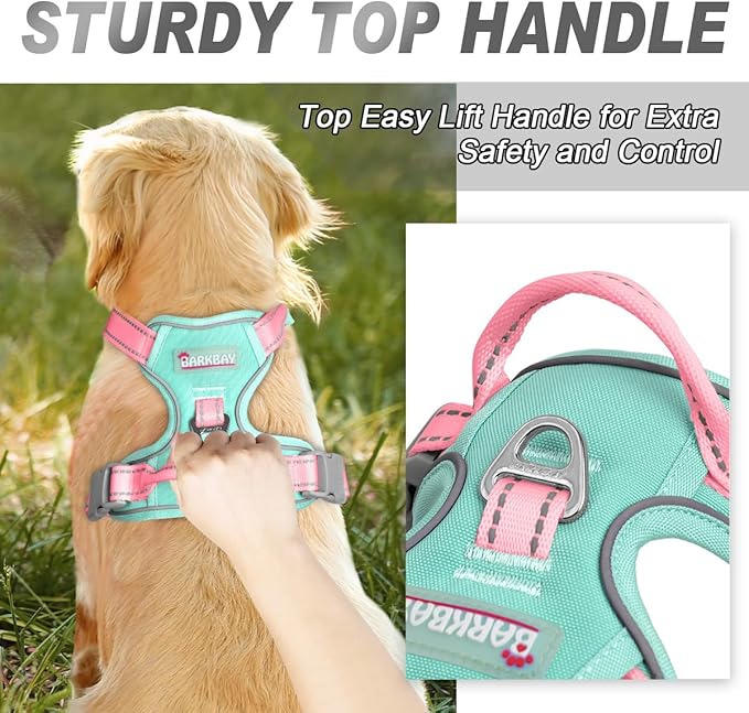 BARKBAY No Pull Dog Harness Front Clip Heavy Duty Reflective Easy Control Handle for Large Dog Walking(Cool Mint & Baby Pink,L)
